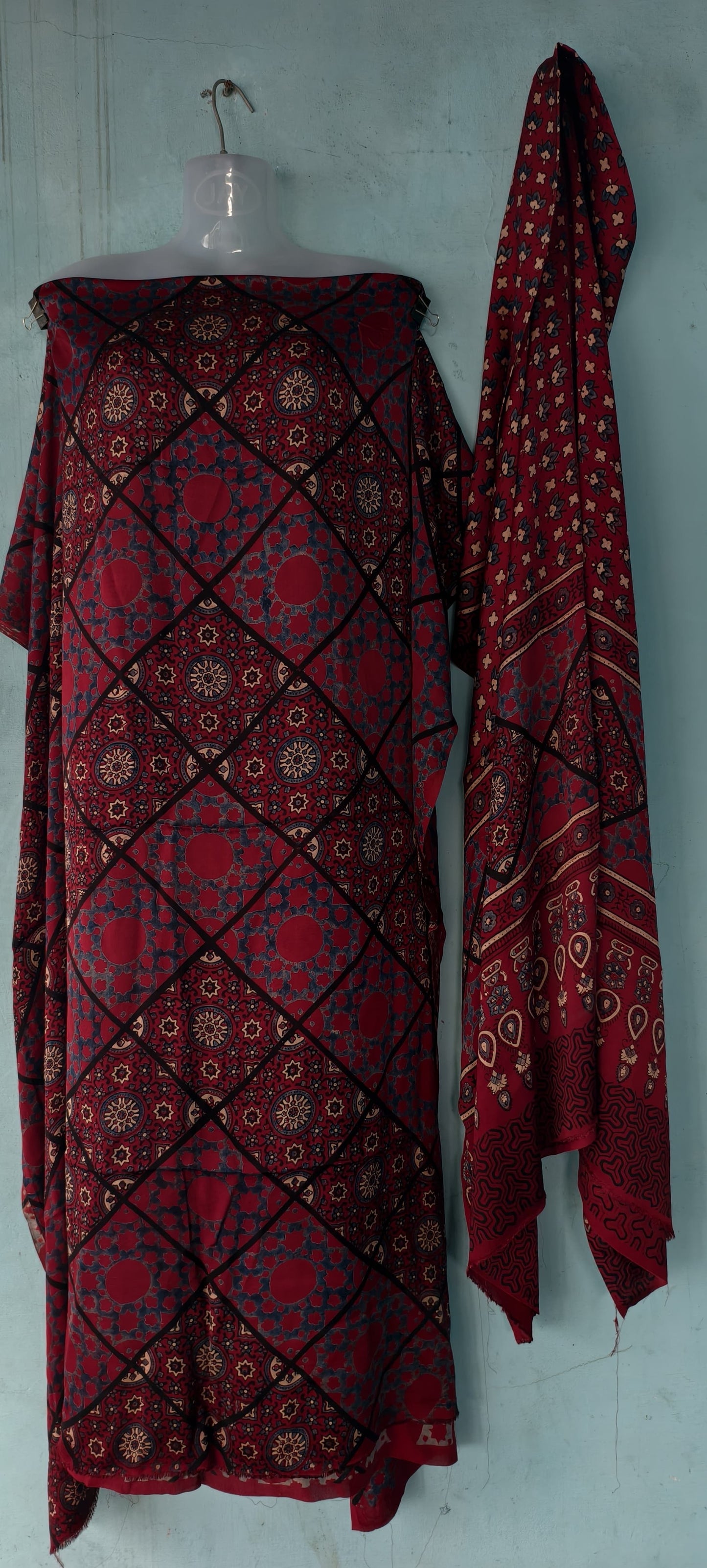 Handblock printed Ajrakh modal silk 2 piece suit set