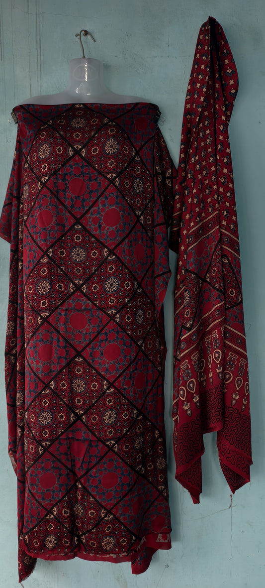 Handblock printed Ajrakh modal silk 2 piece suit set
