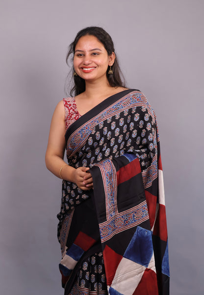 Authentic Ajrakh Handblock Printed Modal Silk Saree | Looms & Tassels