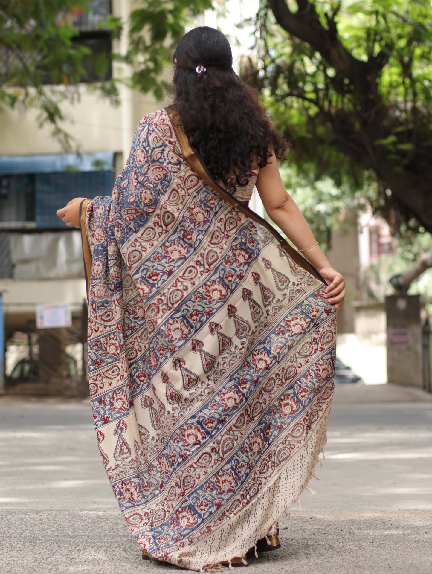 Blue Hand Block Printed Kalamkari Nizam Border Silk Sare