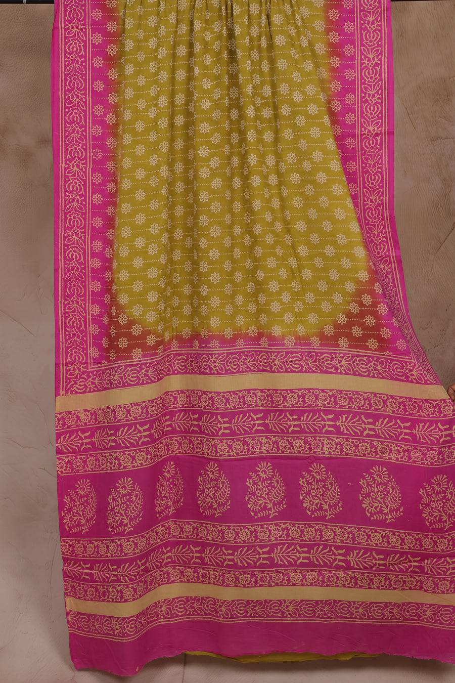 Lemon Green & Pink Bagru Handblock printed MulMul cotton saree | Looms & Tassels