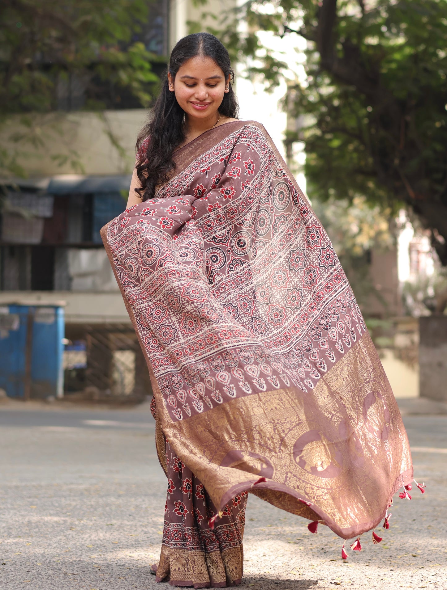 Lotus Butta Authentic Ajrakh Handblock Printed Dola Silk Saree | Looms & Tassels
