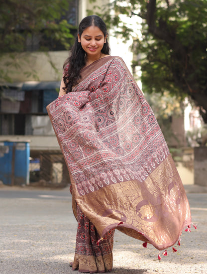 Lotus Butta Authentic Ajrakh Handblock Printed Dola Silk Saree | Looms & Tassels