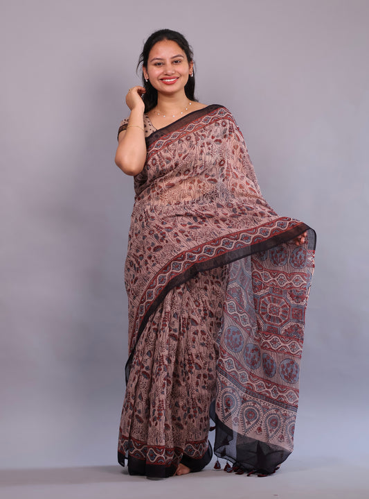 Cream Ajrakh Hand Block Printed Kota Doria Saree | Looms & Tassels