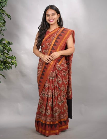 Red Ajrakh Hand Block Printed Sungudi Cotton Saree | Looms & Tassels