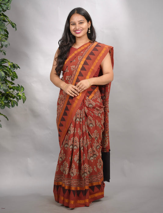 Red Ajrakh Hand Block Printed Sungudi Cotton Saree | Looms & Tassels
