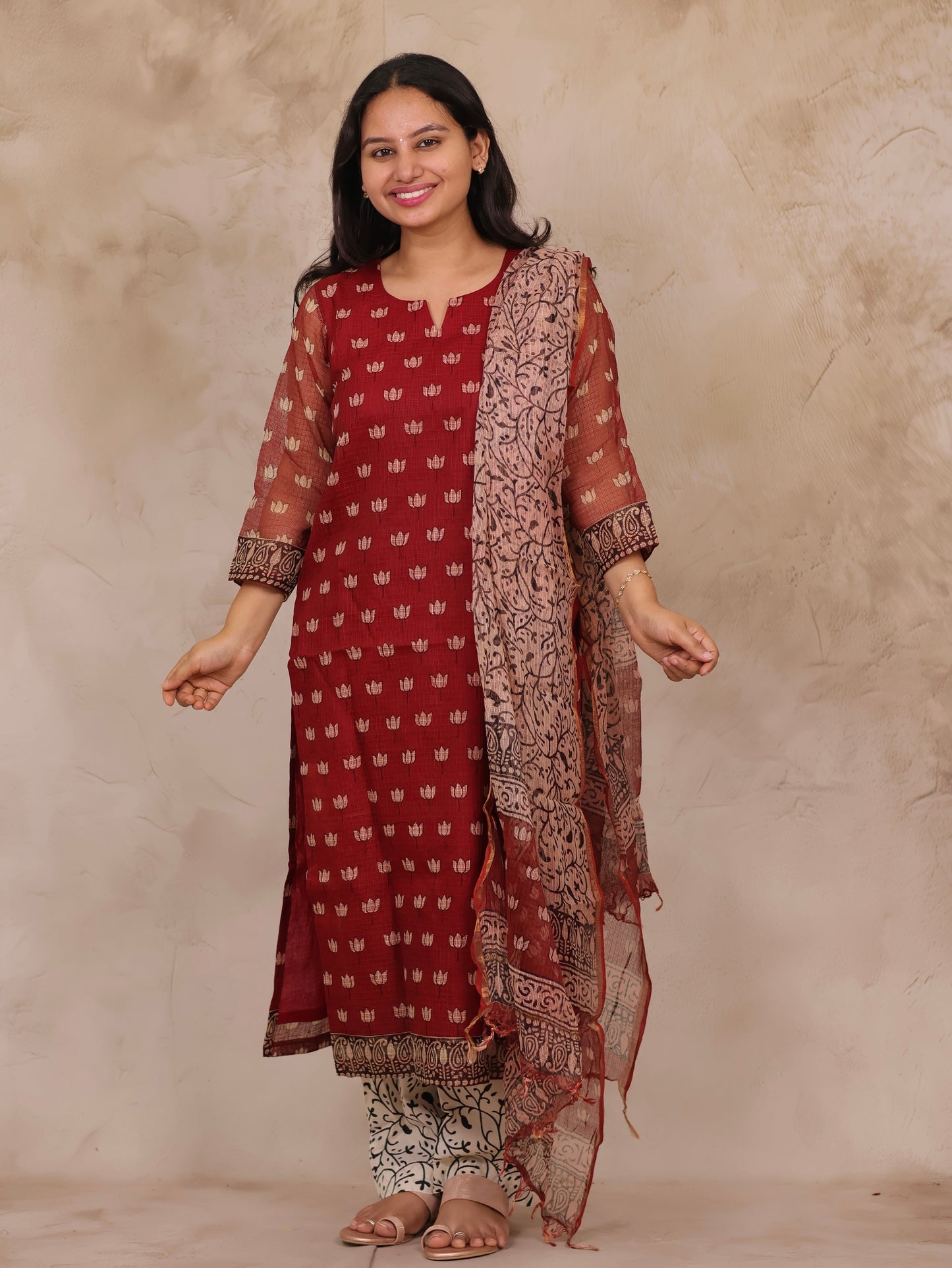 Deep Maroon Handblock printed kota 3 piece suit (stitched)