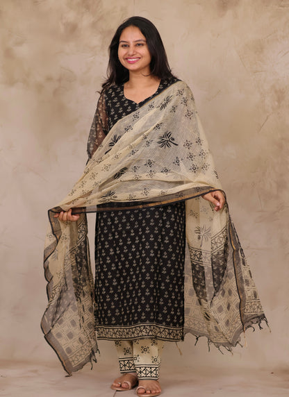 Black Handblock printed kota 3 piece suit (stitched)