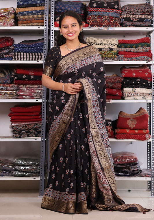 Black Ajrakh Dola Silk Saree