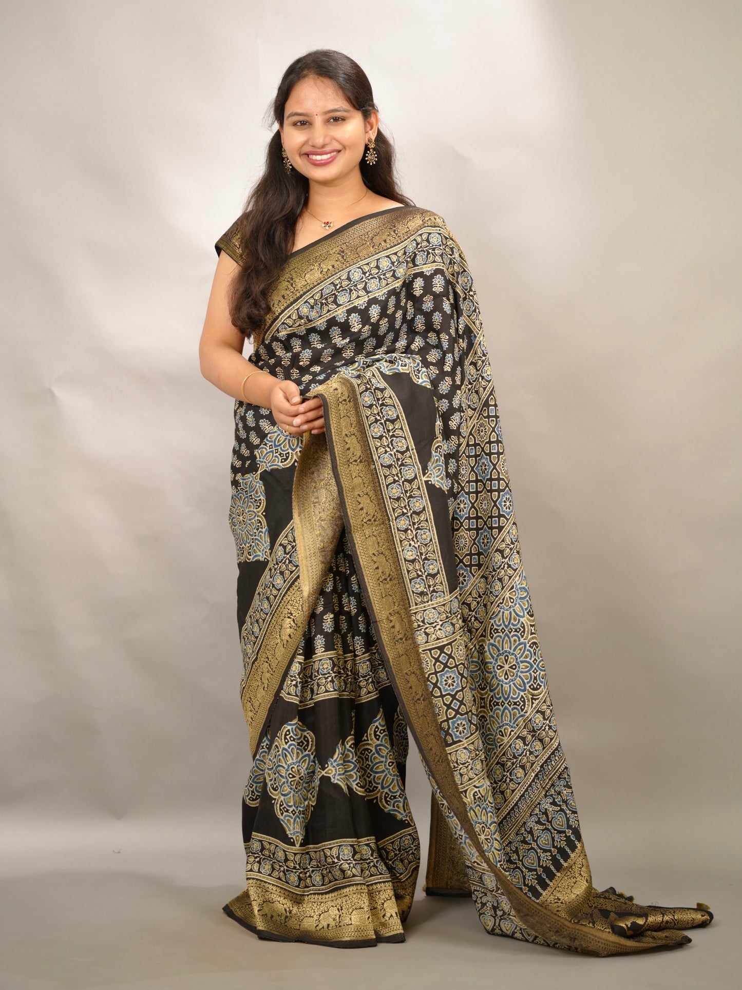 Ajrakh Handblock printed Dola Silk Saree | Looms & Tassels