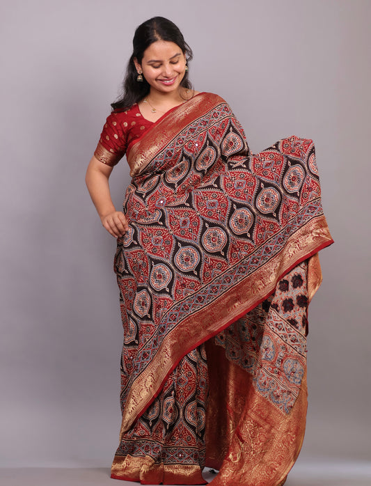 Red & Black Handcrafted Ajrakh Dola Silk Saree with Authentic Banjara Mirror Work | Looms & Tassel