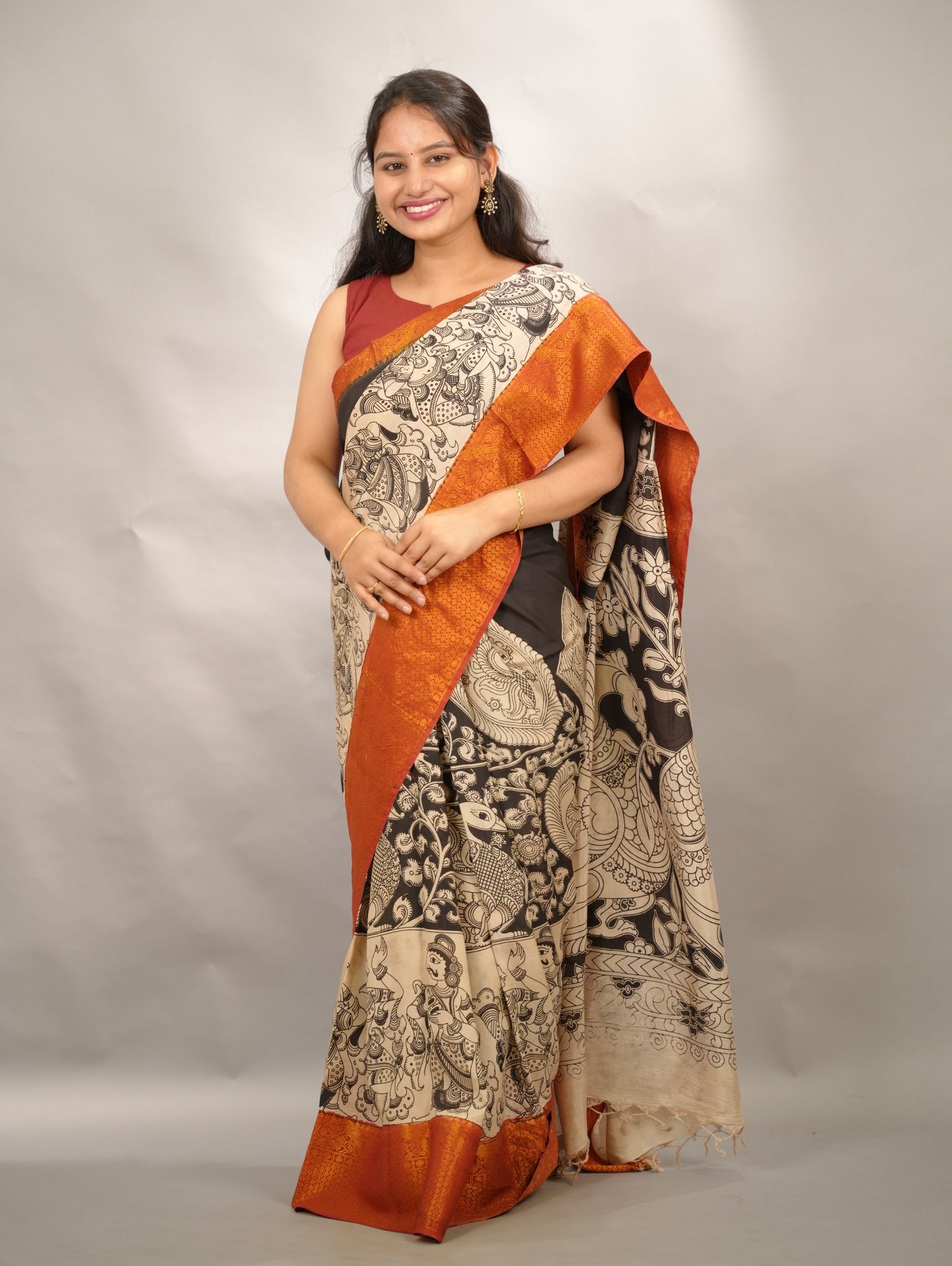 Black Story Telling Kanchi border Kalamkari chennur silk saree