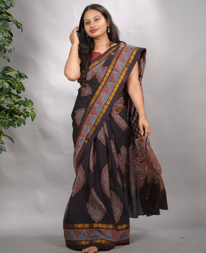Black Ajrakh Hand Block Printed Sungudi Cotton Saree | Looms & Tassels