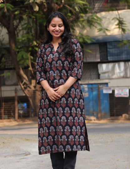 Collar Neck Ajrakh Hand Block Printed Kurti | Looms & Tassels