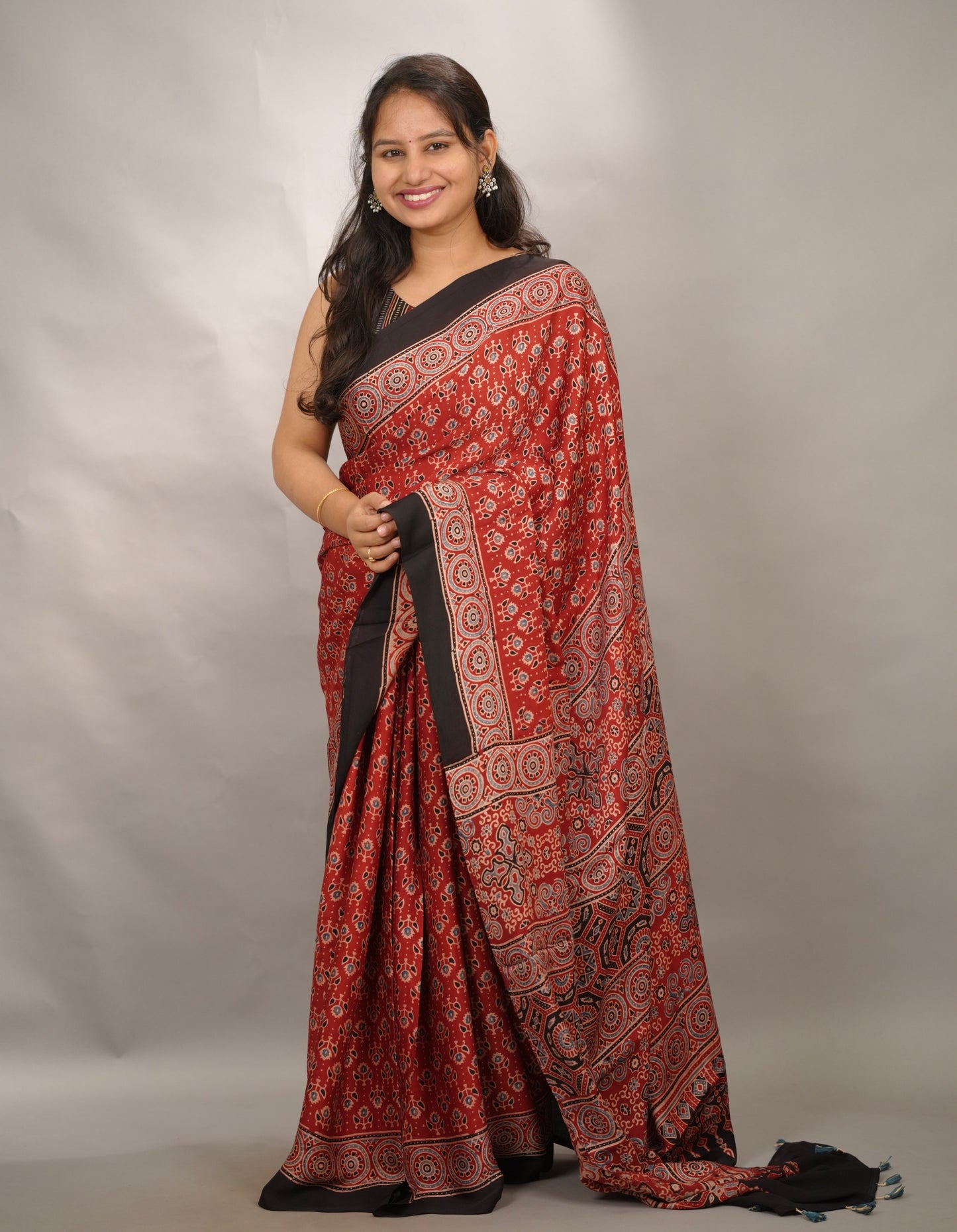Maroon Authentic Ajrakh Handblock Printed Modal Silk Saree | Looms & Tassels