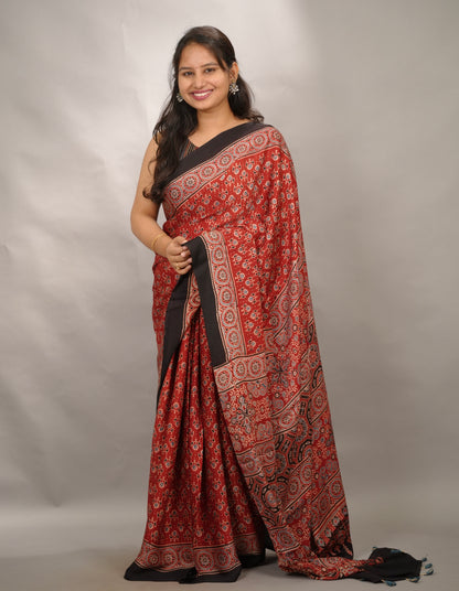 Maroon Authentic Ajrakh Handblock Printed Modal Silk Saree | Looms & Tassels