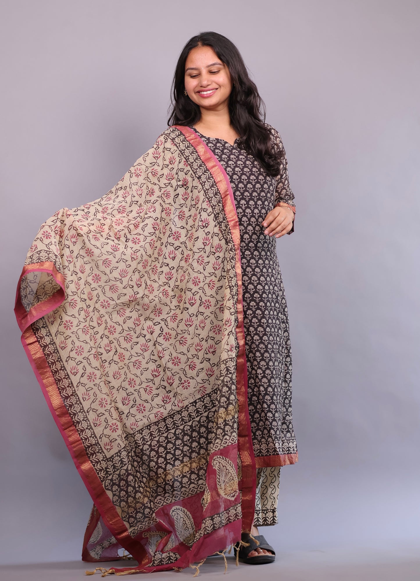 Handblock printed Pure Maheswari Silk 3 piece suit (stitched)