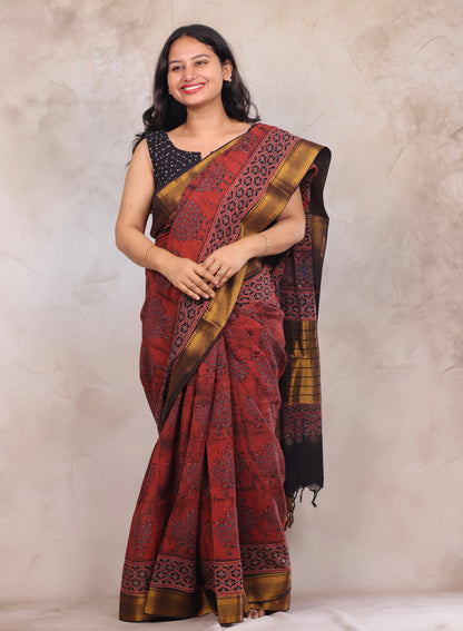 Rust Ajrakh Hand Block Printed Mangalagiri Cotton Saree | Looms & Tassels
