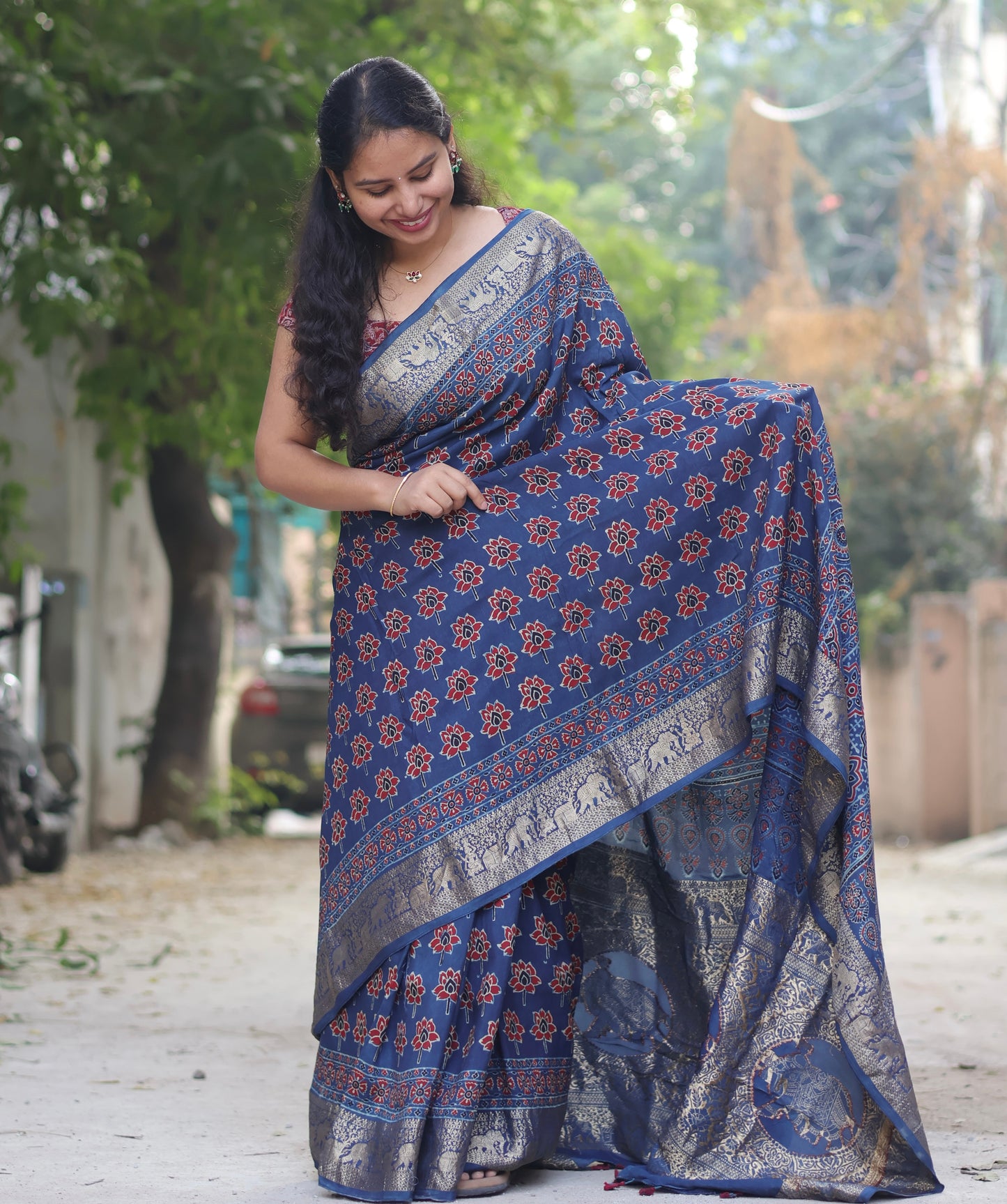 Indigo Lotus Butta Ajrakh Handblock Printed Dola Silk Saree