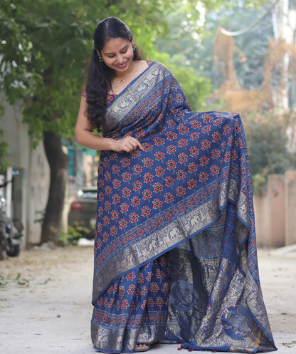Indigo Lotus Butta Ajrakh Handblock Printed Dola Silk Saree