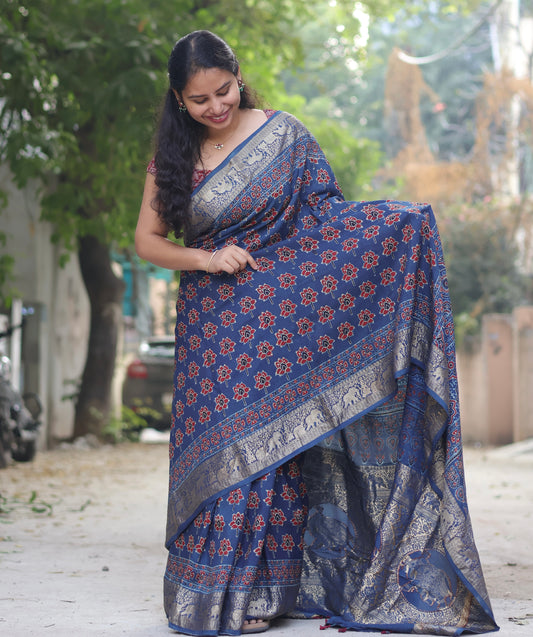 Indigo Lotus Butta Ajrakh Handblock Printed Dola Silk Saree