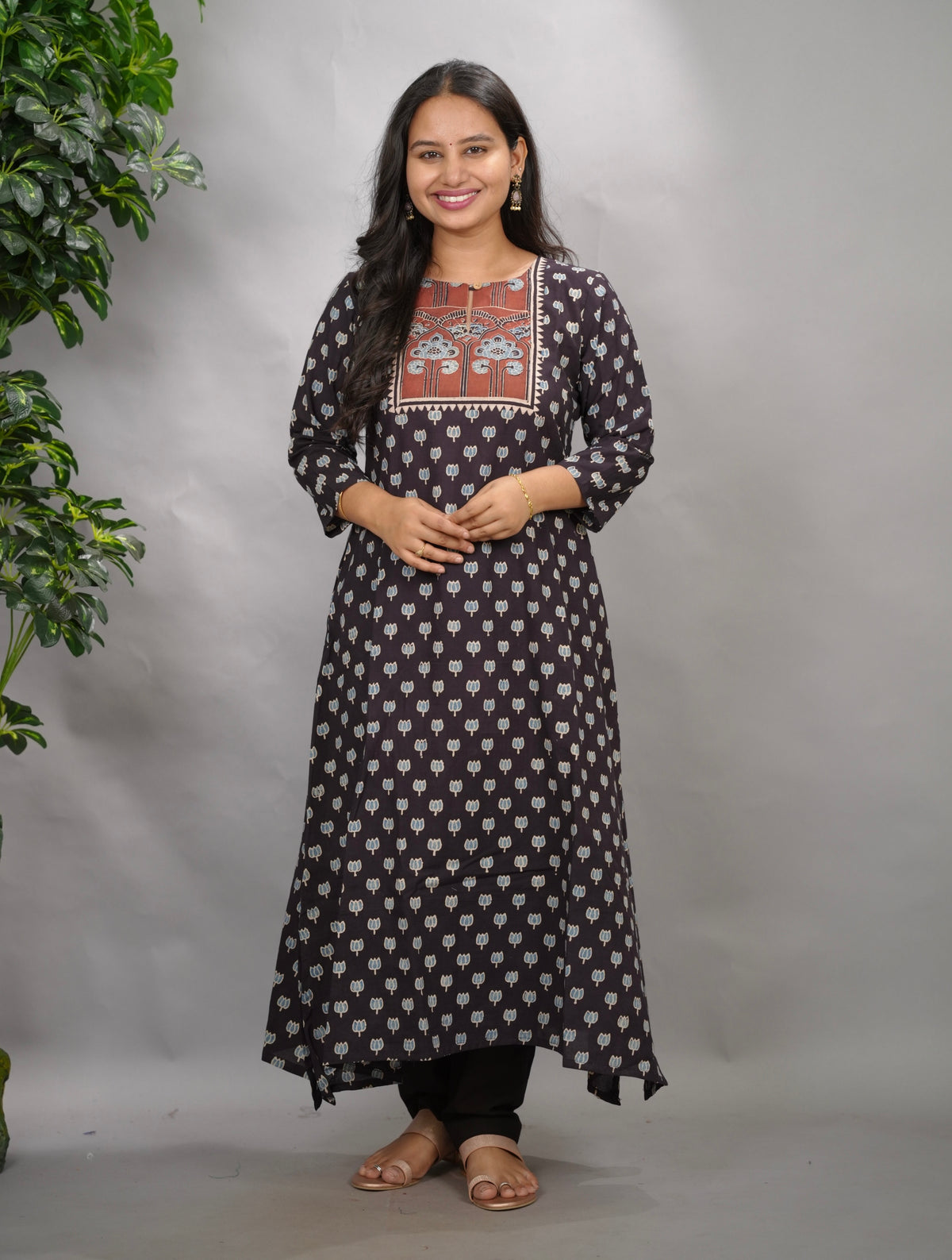 Black Ajrakh Pattern Hand Block printed Aline Kurti | Looms & Tassels