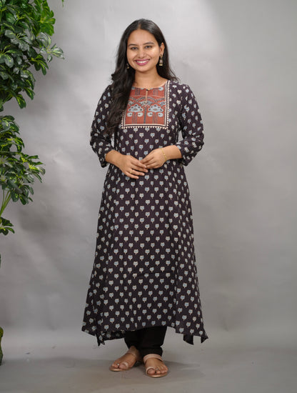 Black Ajrakh Pattern Hand Block printed Aline Kurti | Looms & Tassels