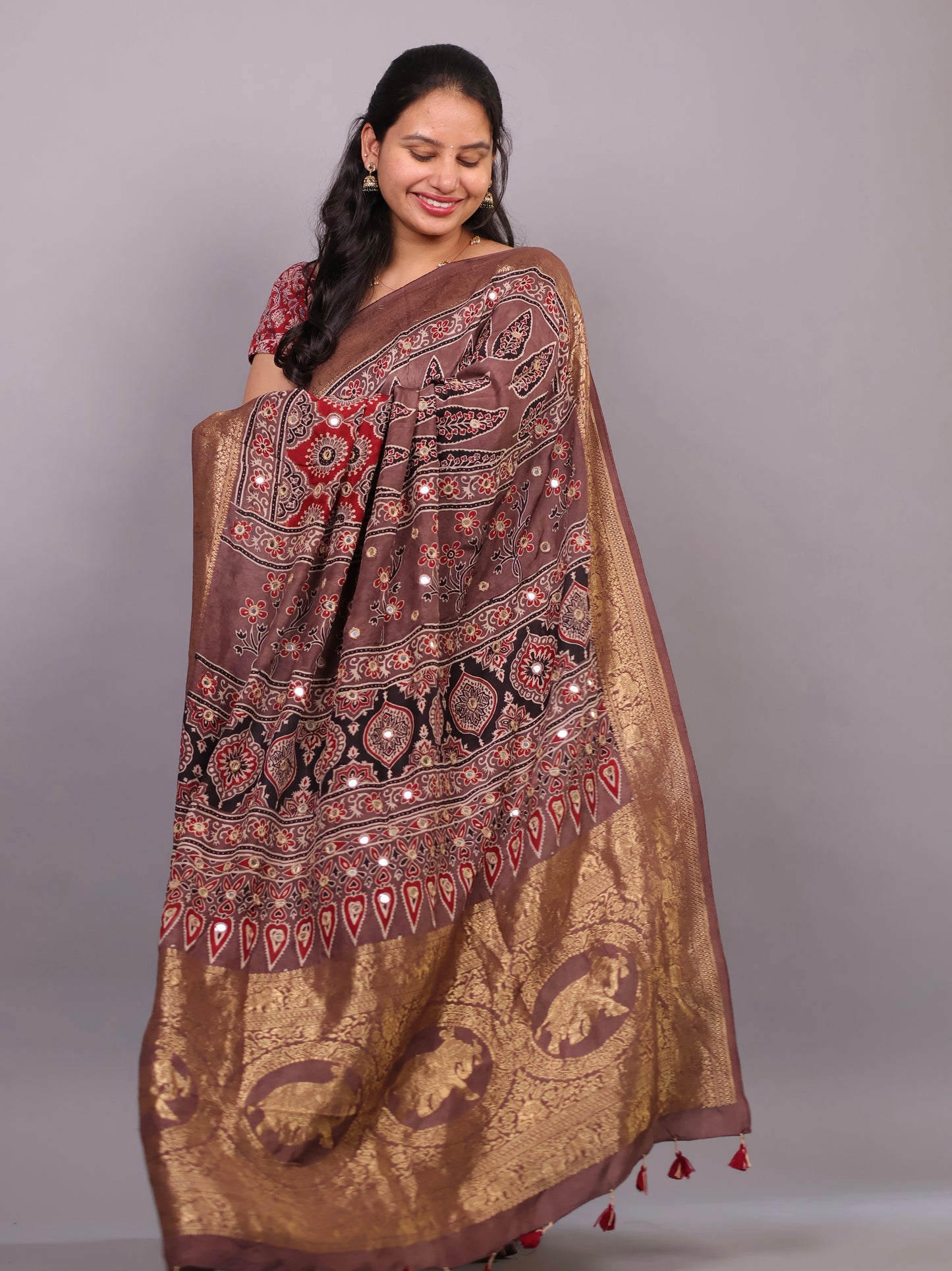 Handcrafted Ajrakh Dola Silk Saree with Authentic Banjara Mirror Work | Looms & Tassel