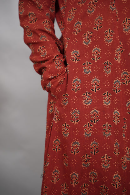 Rust Maroon Ajrakh Handblock Printed Kali Kurta with Chudi Sleeves