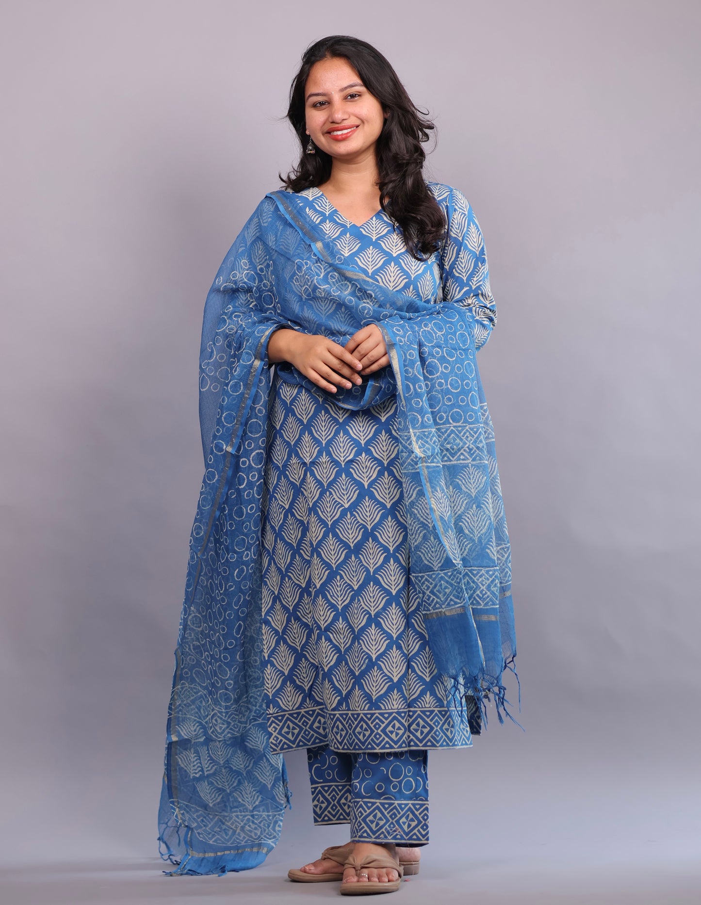 Blue Handblock printed Pure Mul Cotton with Mul Cotton Duppata 3 piece suit (stitched)