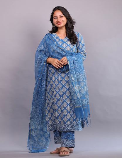 Blue Handblock printed Pure Mul Cotton with Mul Cotton Duppata 3 piece suit (stitched)