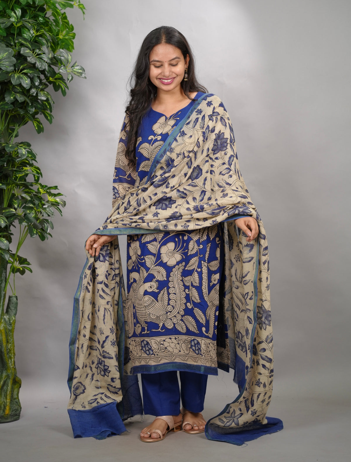 Blue Kalamkari Kota Cotton 3 piece suit (stitched) | Looms & Tassels