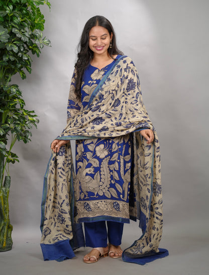 Blue Kalamkari Kota Cotton 3 piece suit (stitched) | Looms & Tassels