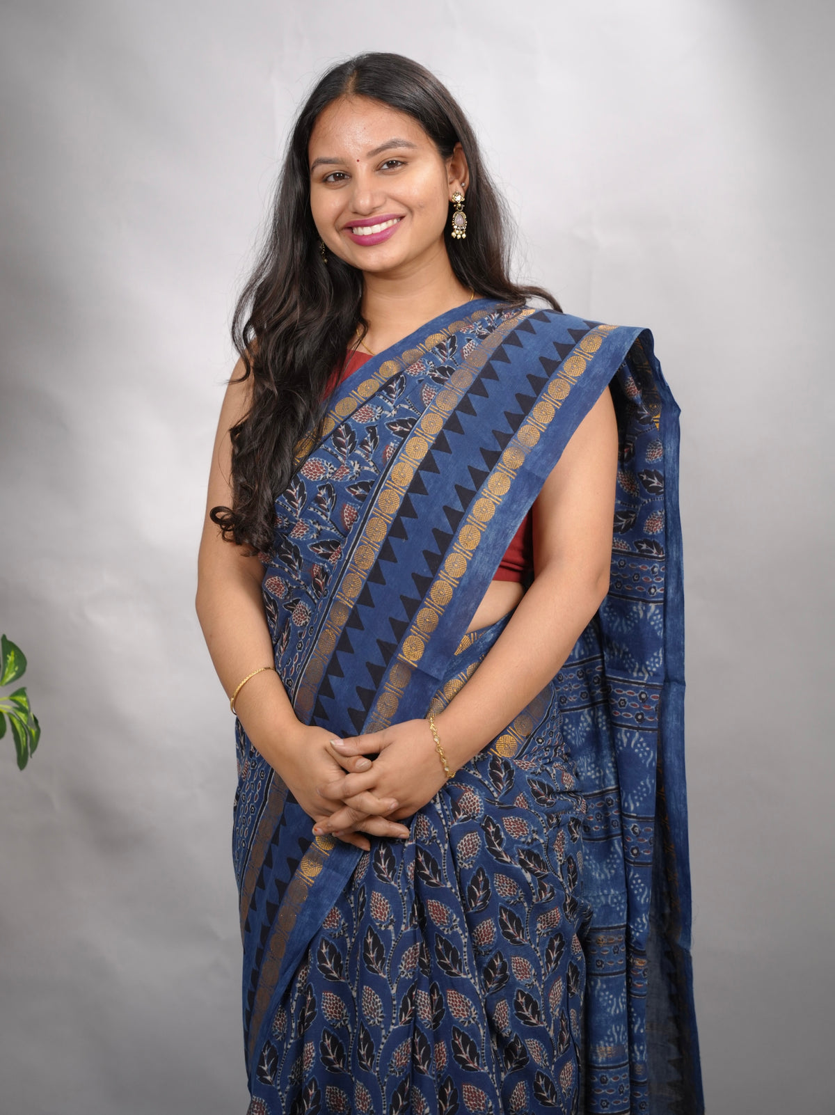 Indigo Blue Ajrakh Hand Block Printed Sungudi Cotton Saree | Looms & Tassels