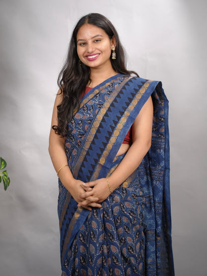 Indigo Blue Ajrakh Hand Block Printed Sungudi Cotton Saree | Looms & Tassels