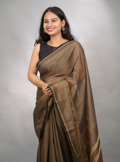Grey Narayanpet Cotton Saree With Temple Border | Looms & Tassels