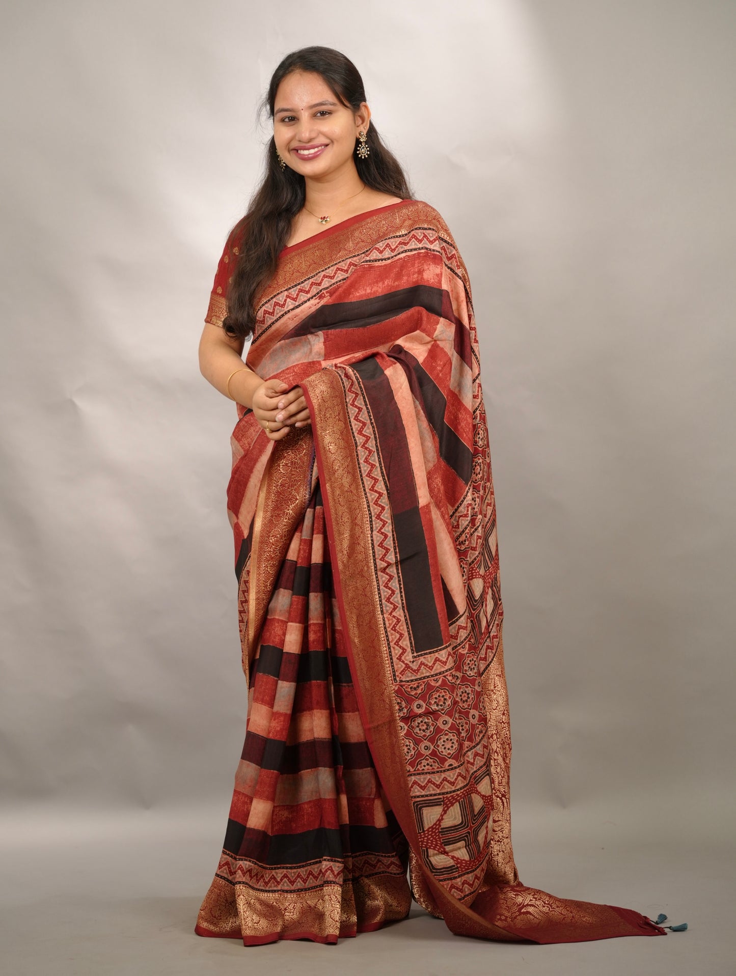 Contemporary Ajrakh Handblock printed Dola Silk Saree | Looms & Tassels