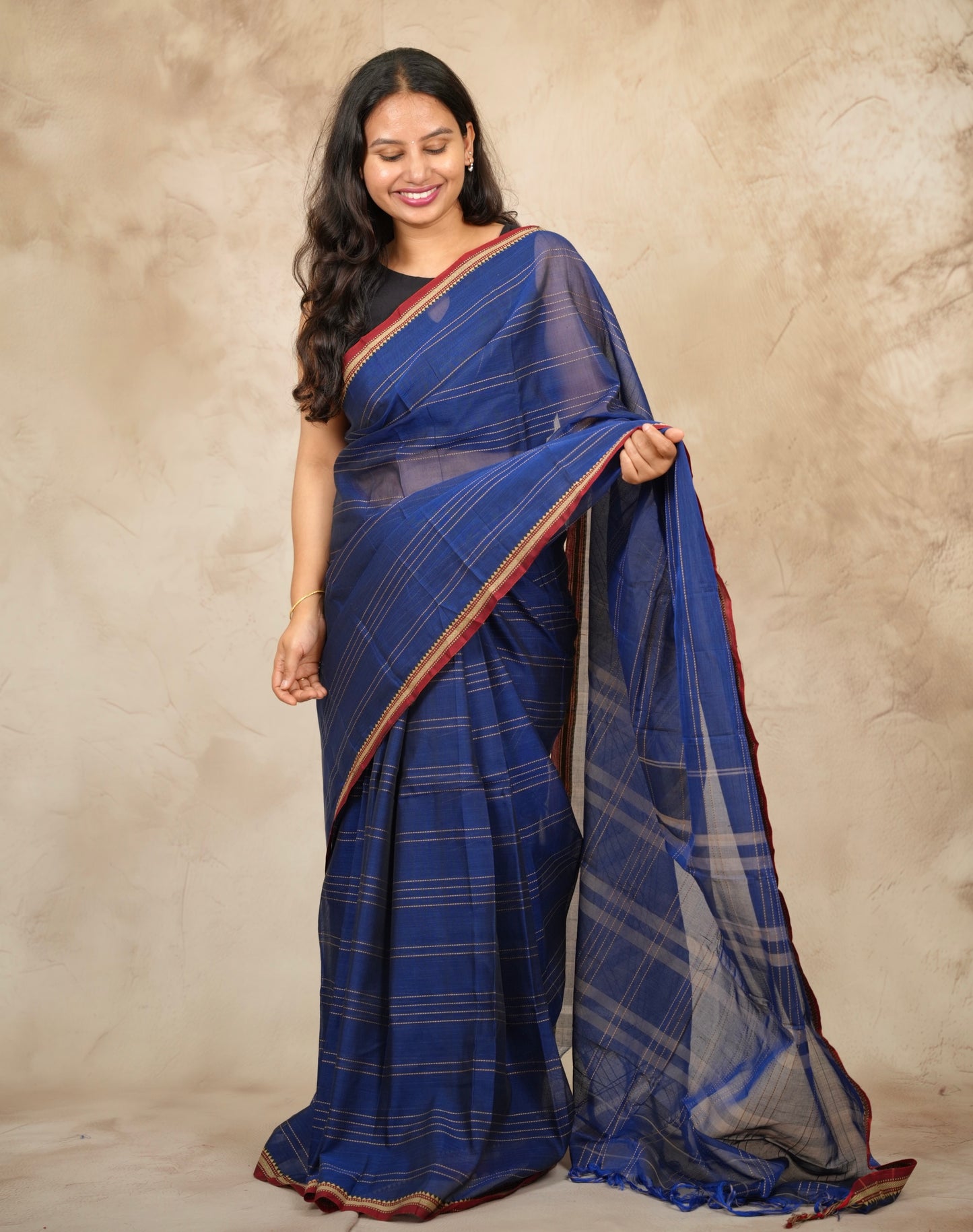 Blue Narayanpet Cotton Saree lines weaving | Looms & Tassels