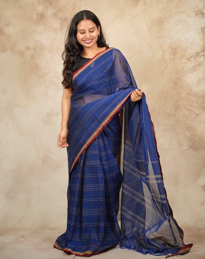 Blue Narayanpet Cotton Saree lines weaving | Looms & Tassels