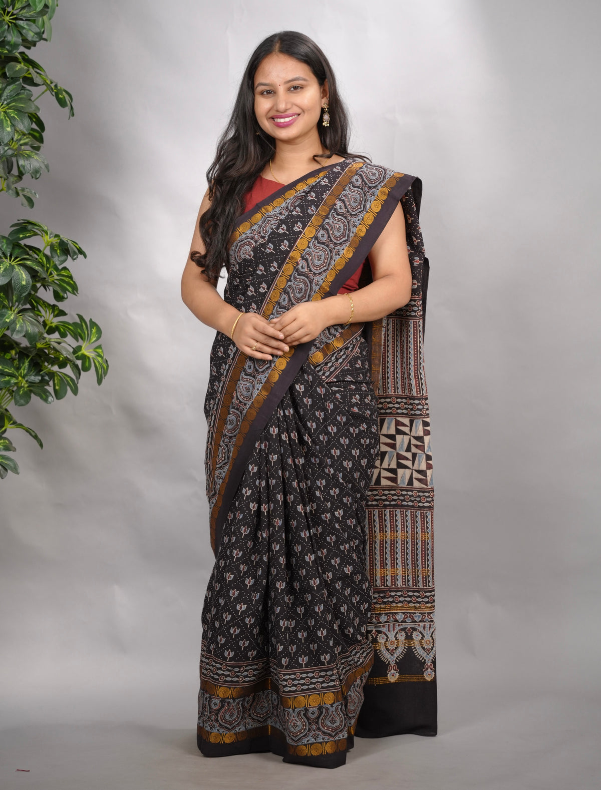 Black Ajrakh Hand Block Printed Sungudi Cotton Saree | Looms & Tassels