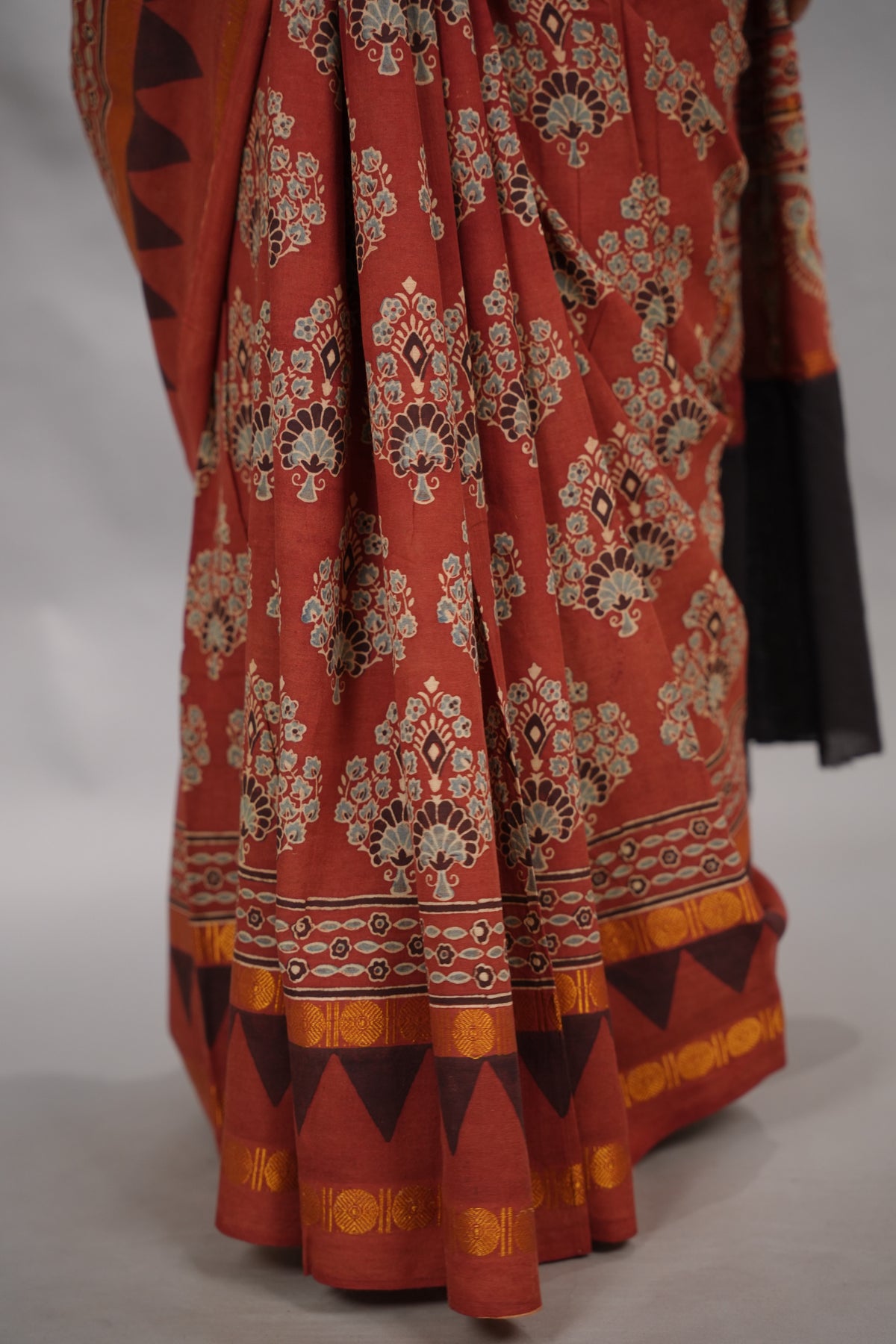 Red Ajrakh Hand Block Printed Sungudi Cotton Saree | Looms & Tassels