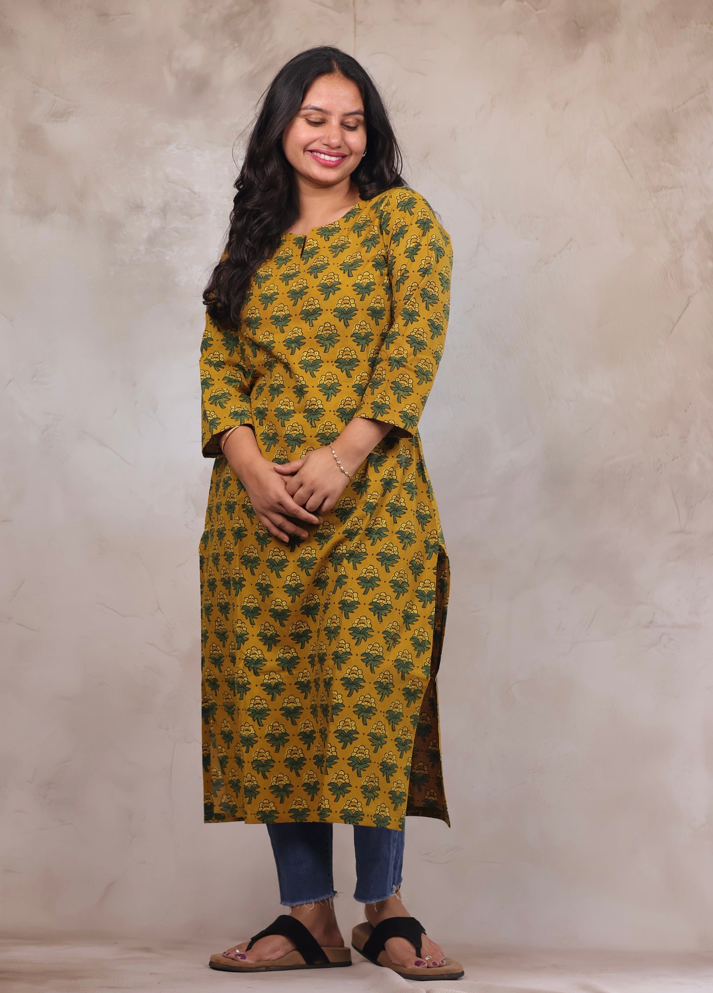 Yellow Ajrakh Hand Block Printed Kurti | Looms & Tassels
