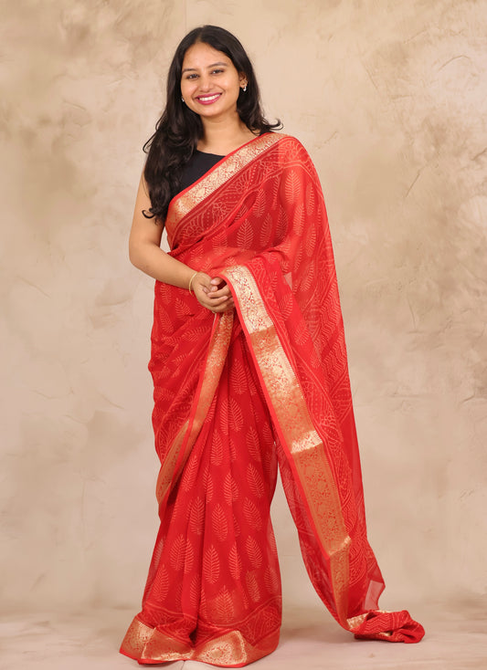 Red Chiffon Hand Block Printed Saree with Jari Border | Looms & Tassels