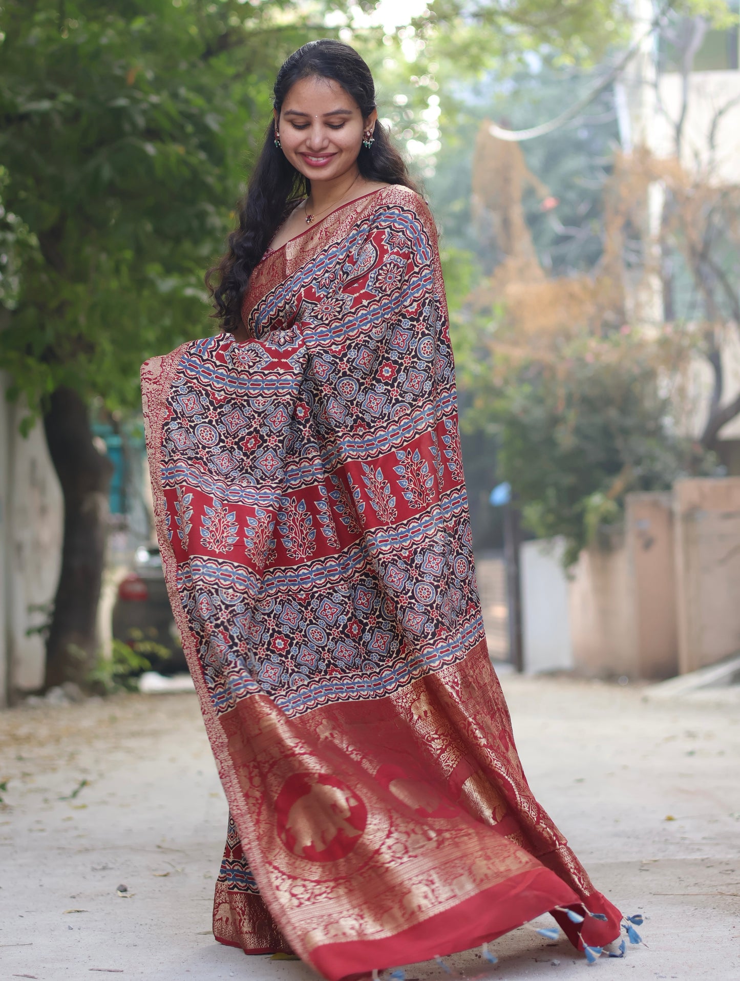 Red Traditional Badam Butta Ajrakh Handblock Printed Dola Silk Saree