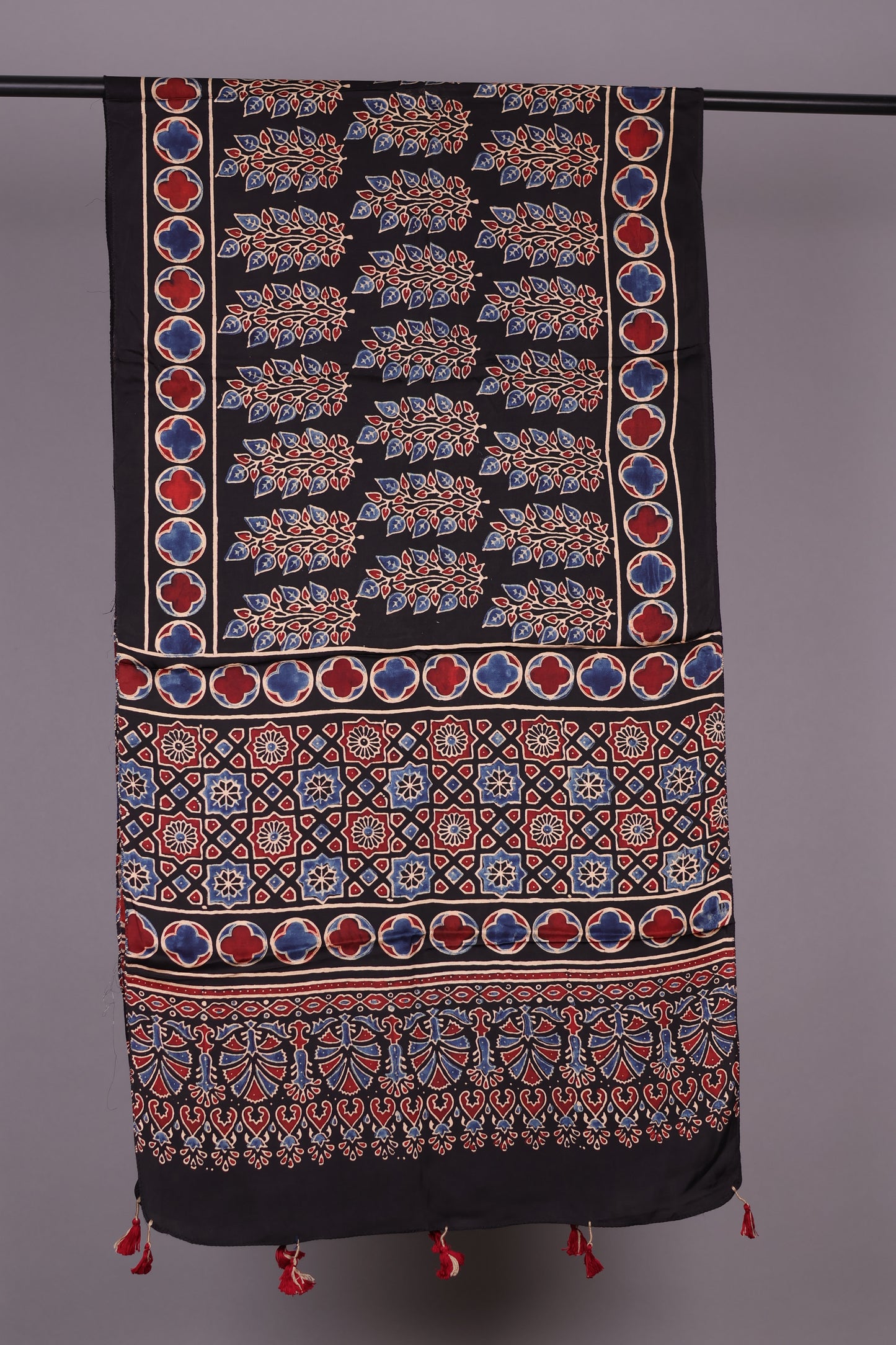 Black Ajrakh Hand Block Printed Modal Silk Stole | Looms & Tassels