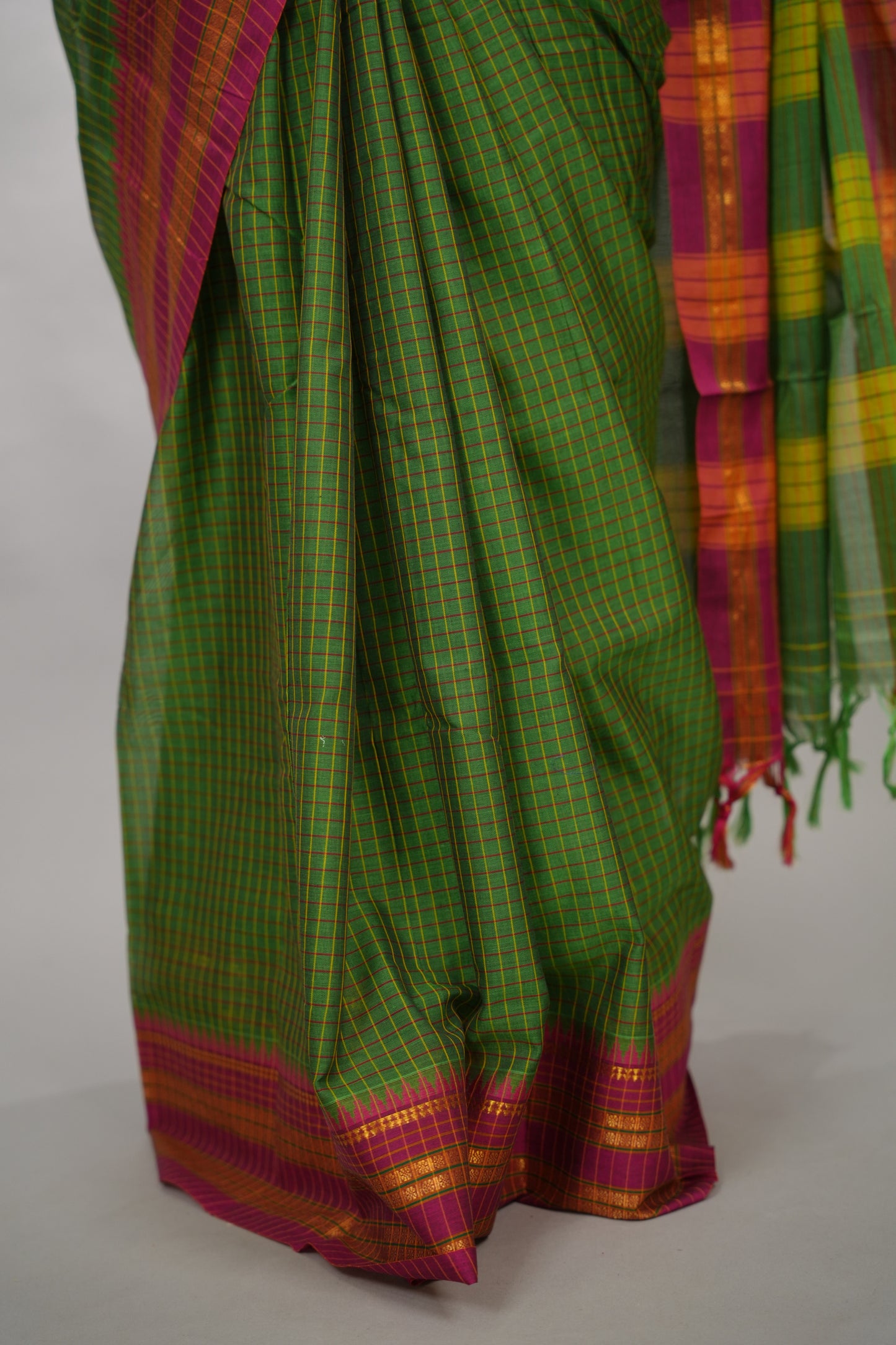 Parrot Green Checks Narayanpet Cotton Saree with Traditional contrast Border | Looms & Tassels