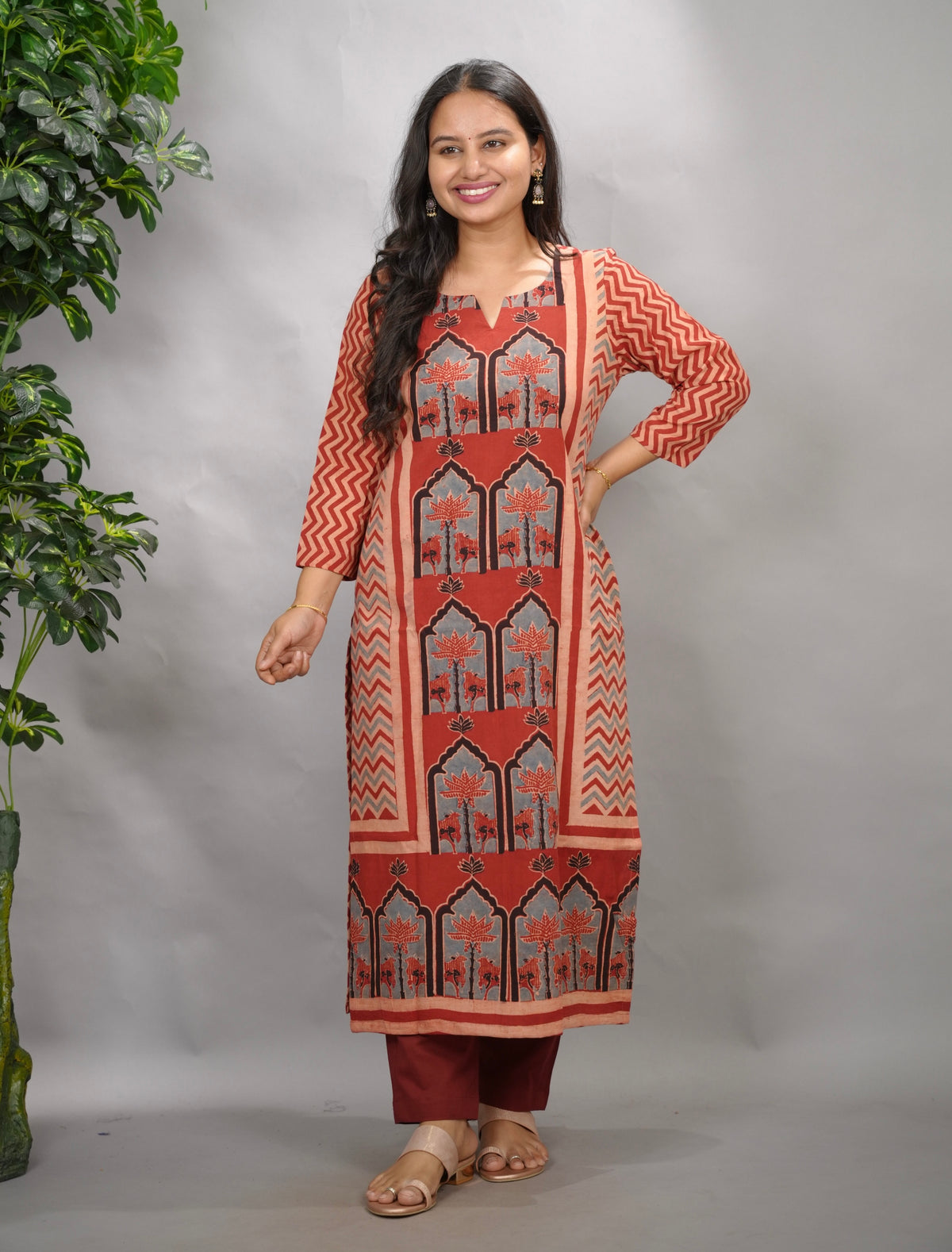 Red Ajrakh Pattern Hand Block printed Kurti | Looms & Tassels