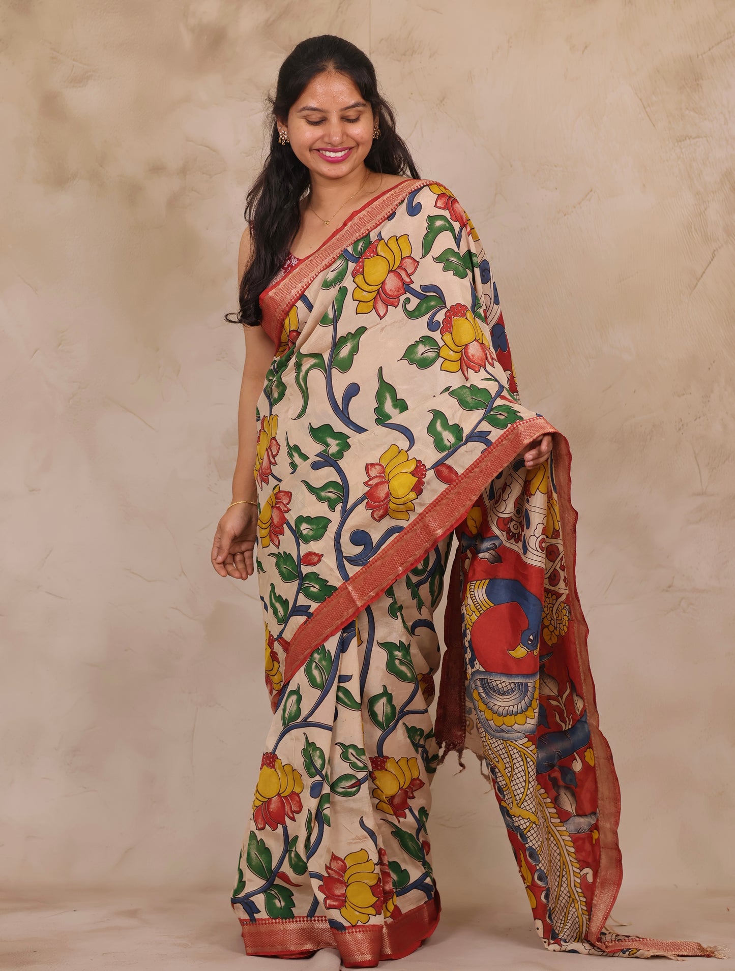Cream Lotus Kalamkari Nizam Border Chennur Silk Saree | Looms & Tassels