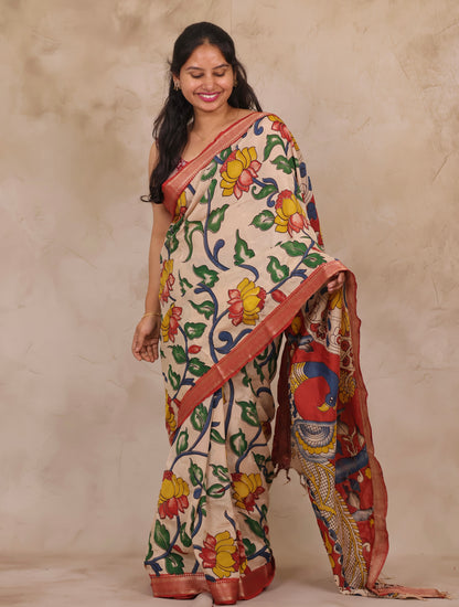 Cream Lotus Kalamkari Nizam Border Chennur Silk Saree | Looms & Tassels