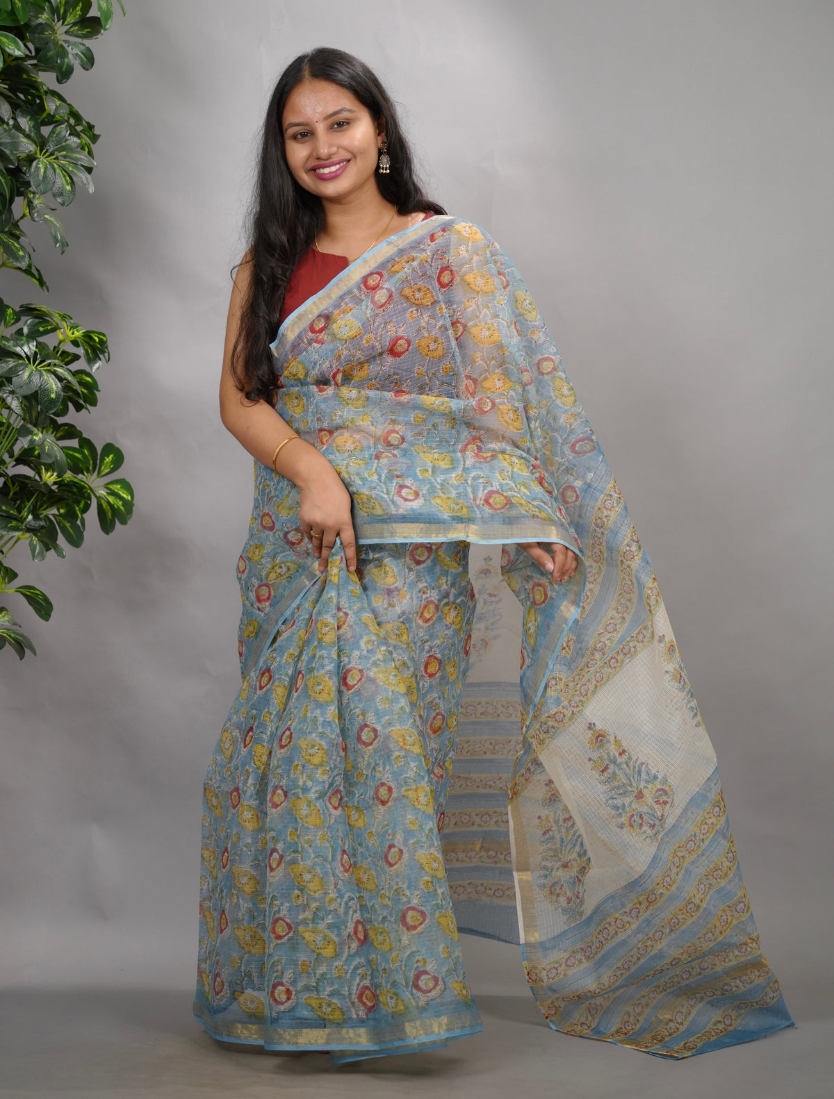 Powder Blue Pure Kota Doria Saree with Bagru Handblock Prints